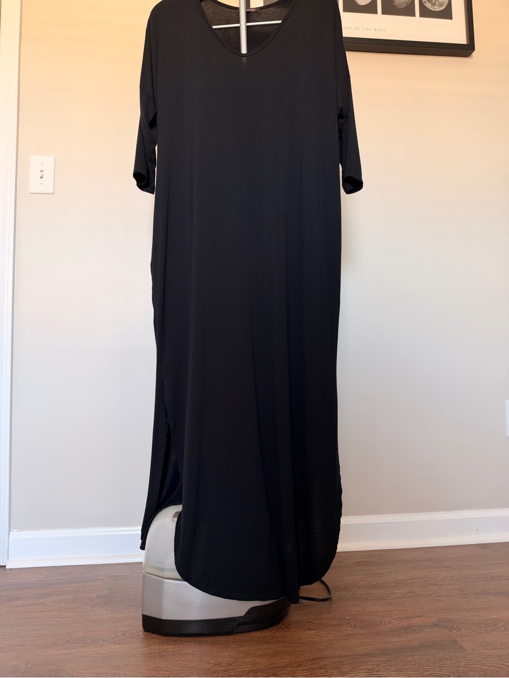 Bombón Black V-Neck Maxi Dress with Side Slit and pockets Size L Made in USA